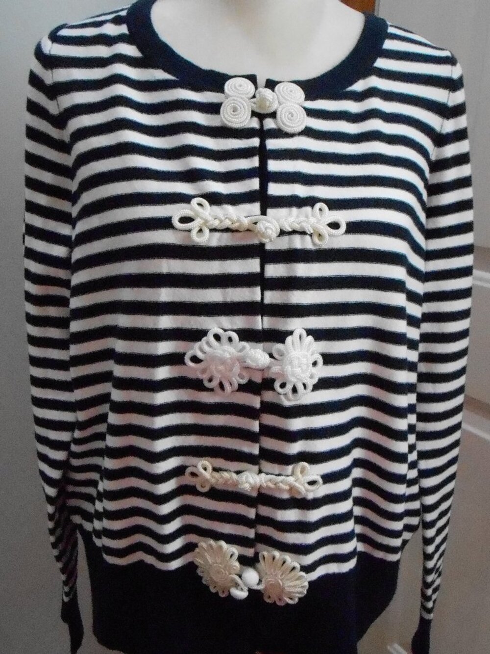Worth Women's Navy Blue & White Striped Nautical Knots Cardigan Sweater Size-M